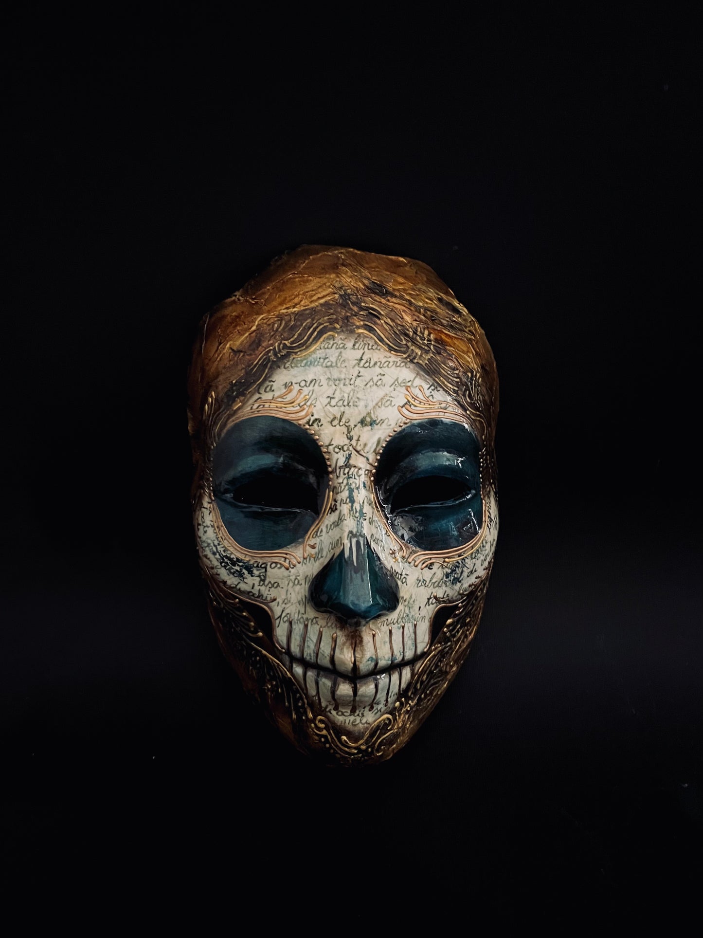 Hand-Painted Skull Mask with Golden Details and Antique Script Design| Limited Edition.