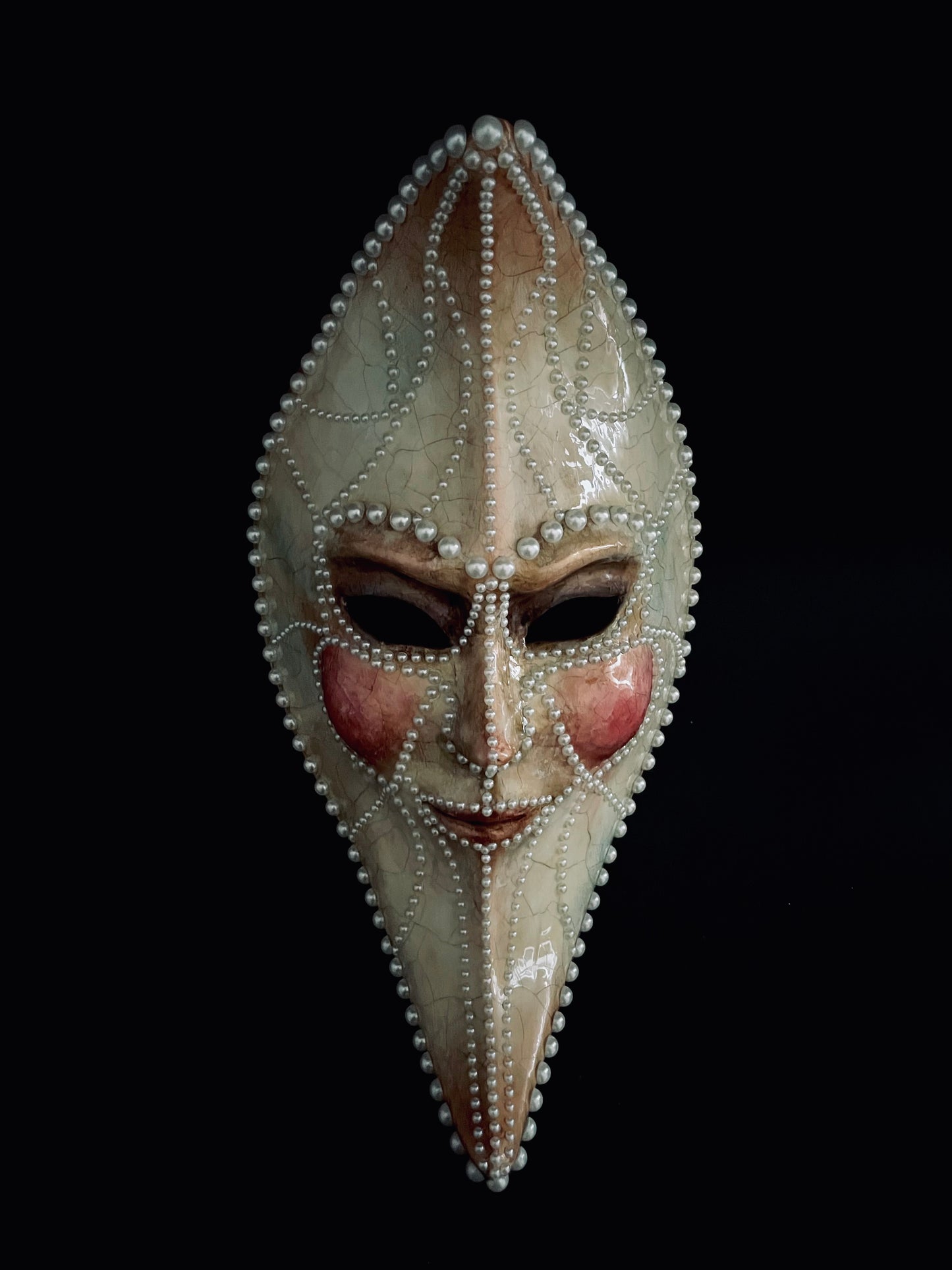 Handcrafted Crescent Moon Mask with Pearls – Elegant Venetian Style Wearable Art