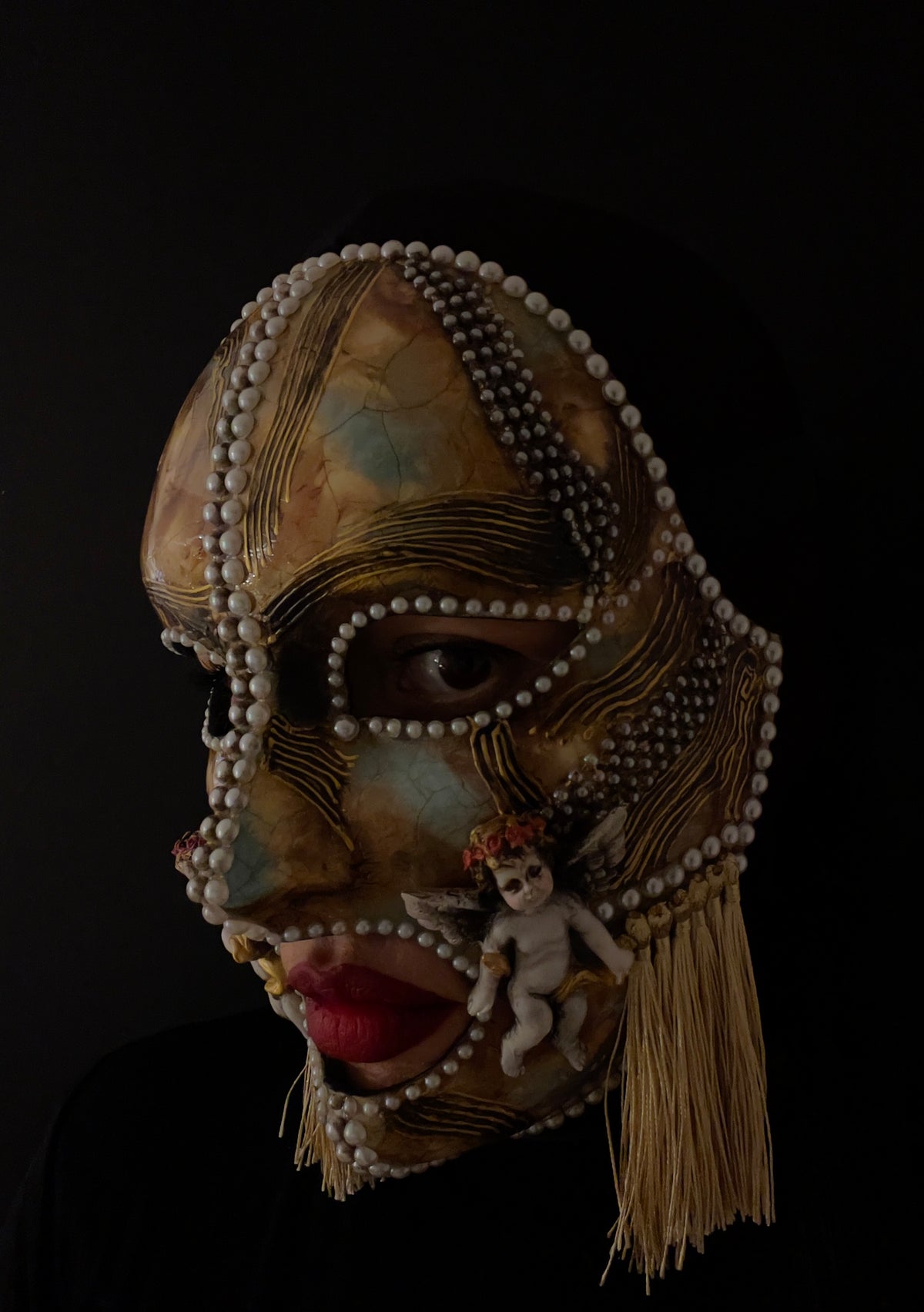 Unique Baroque Cherub Mask.Gold & Pearl Venetian Inspired Art Mask