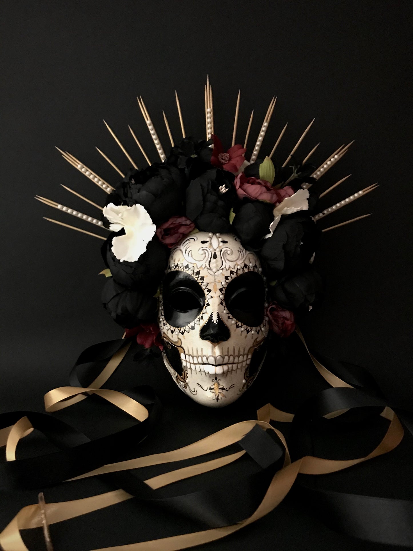 Catrina mask with black peonies