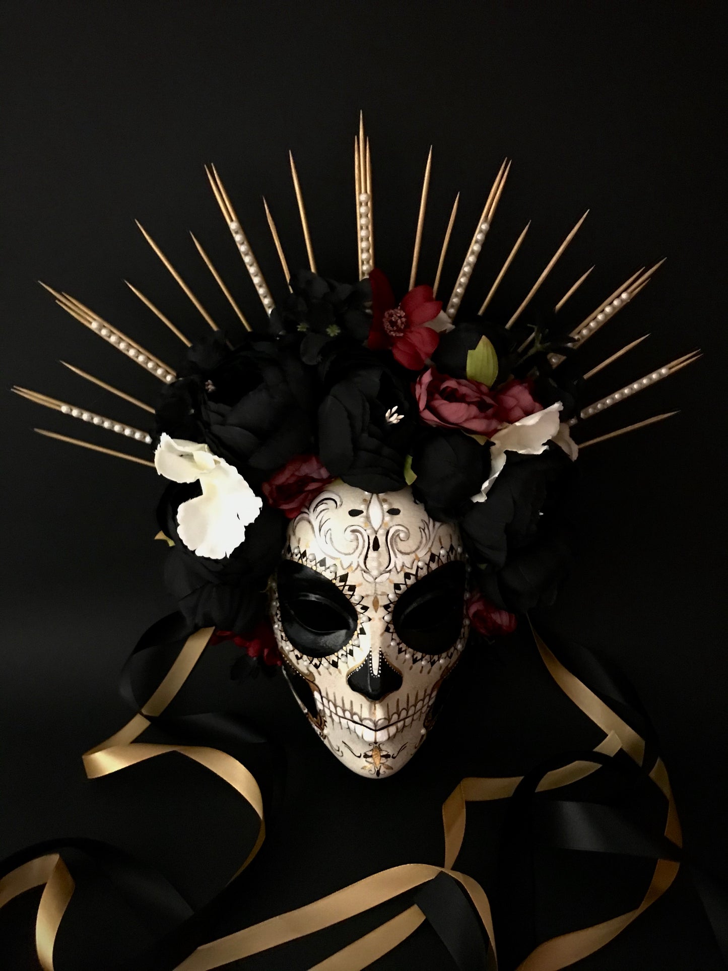 Catrina mask with black peonies