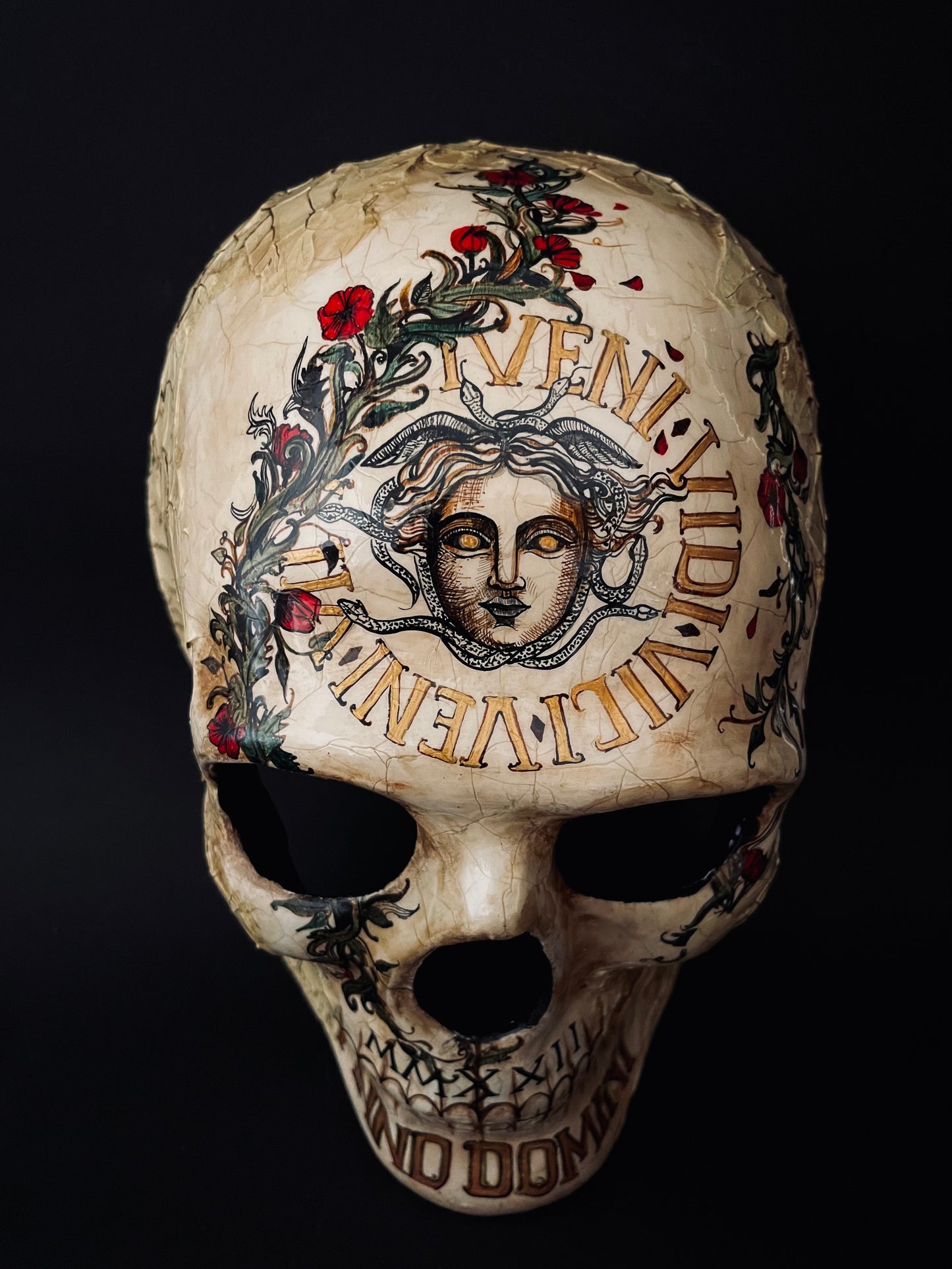 Skull mask with Medusa. Memento mori skull.