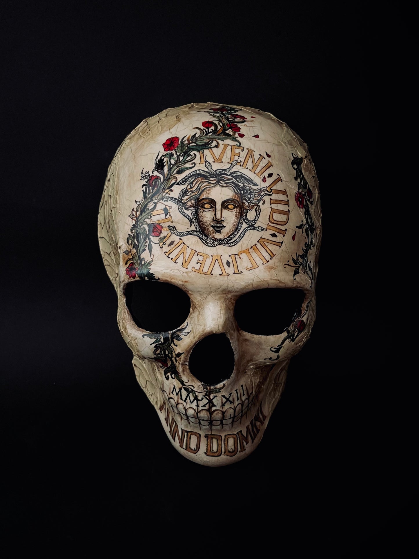 Skull mask with Medusa. Memento mori skull.