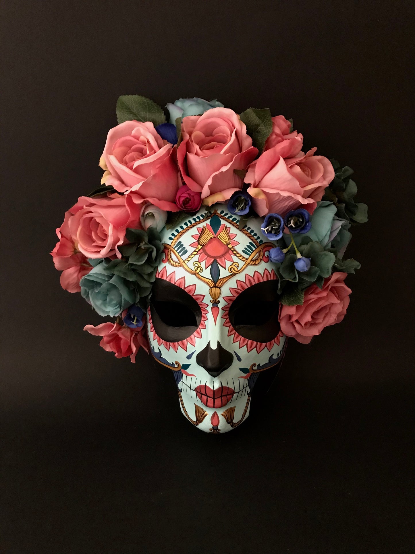 Catrina mask with pink and blue roses