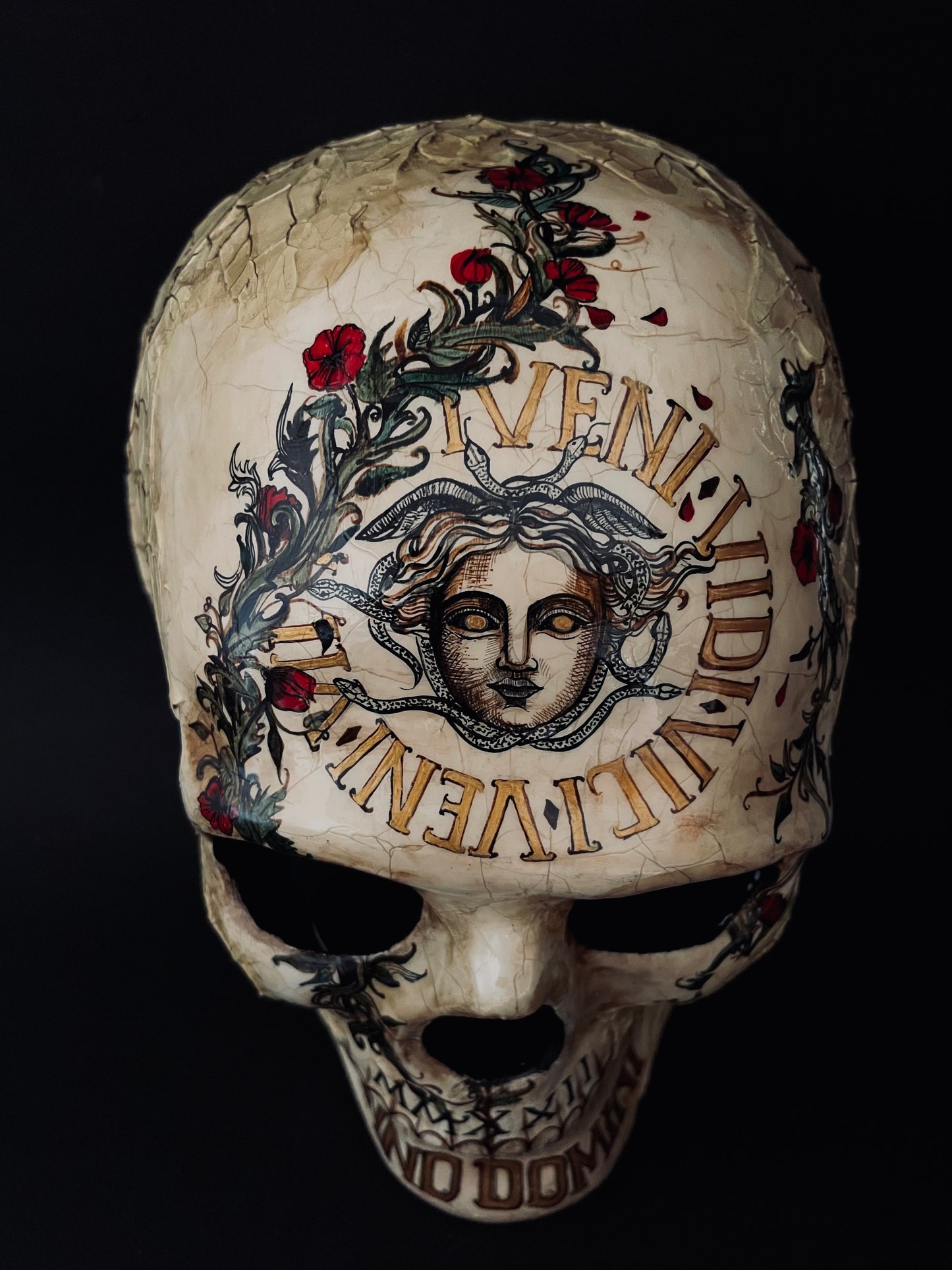 Skull mask with Medusa. Memento mori skull.