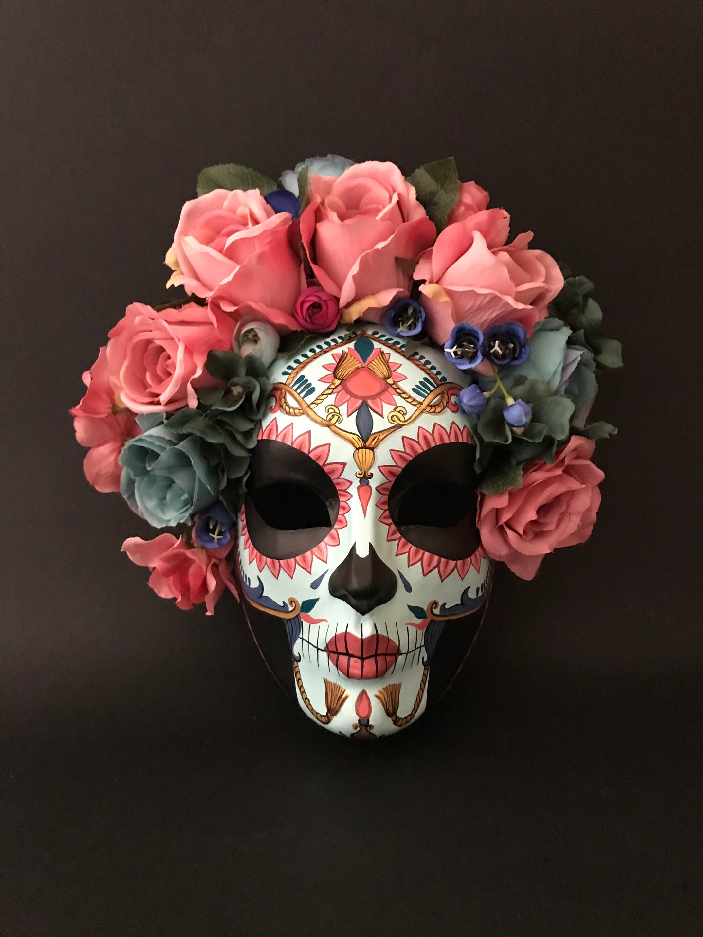 Catrina mask with pink and blue roses