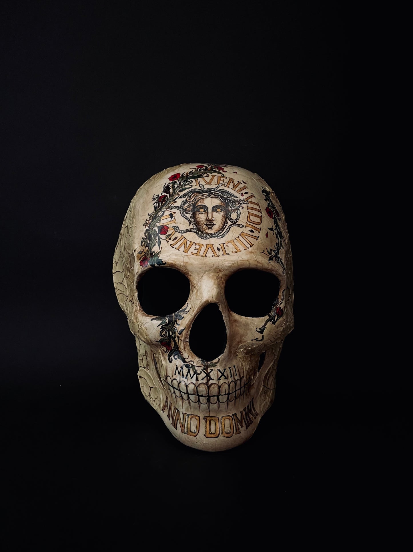 Skull mask with Medusa. Memento mori skull.
