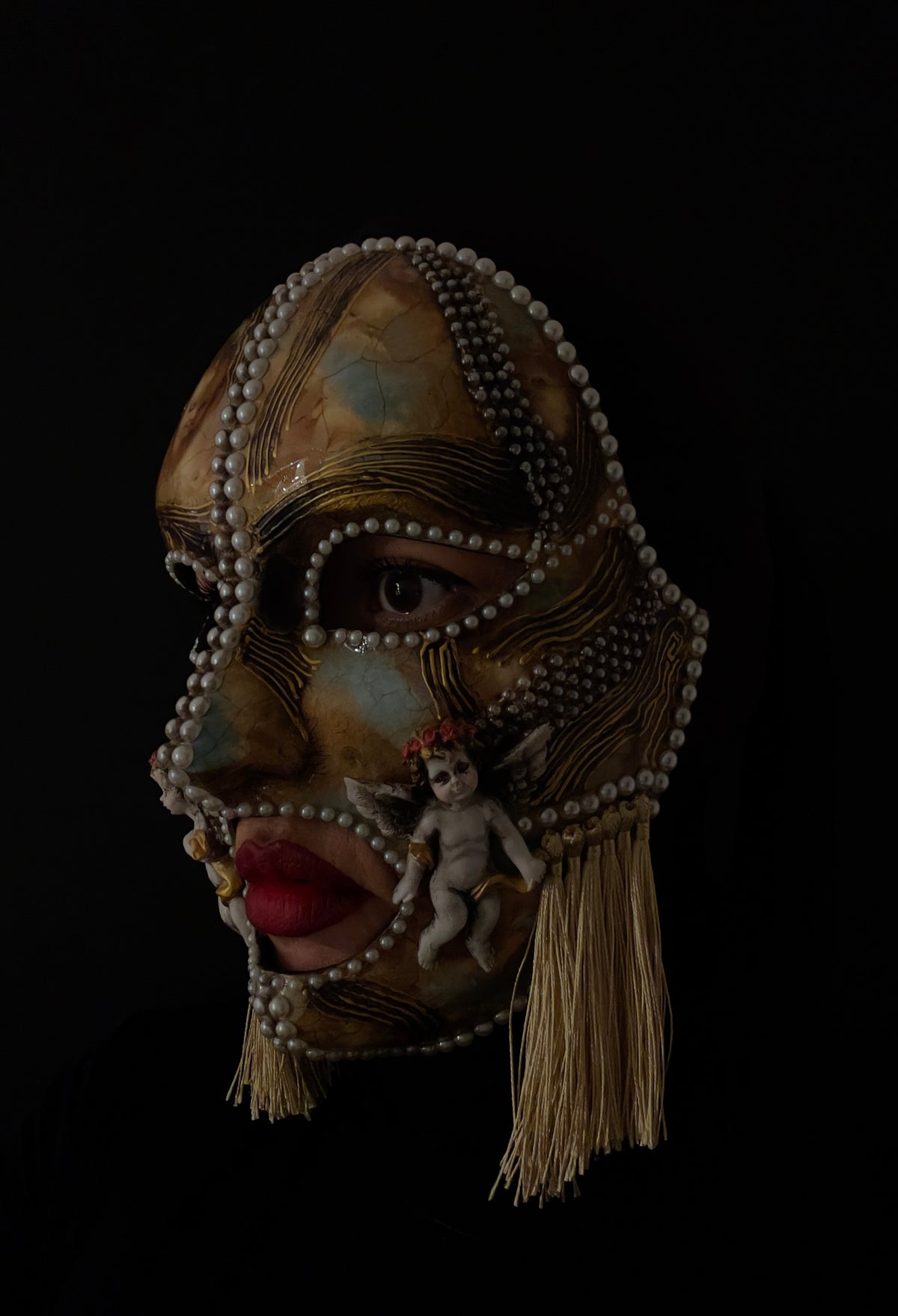 Unique Baroque Cherub Mask.Gold & Pearl Venetian Inspired Art Mask