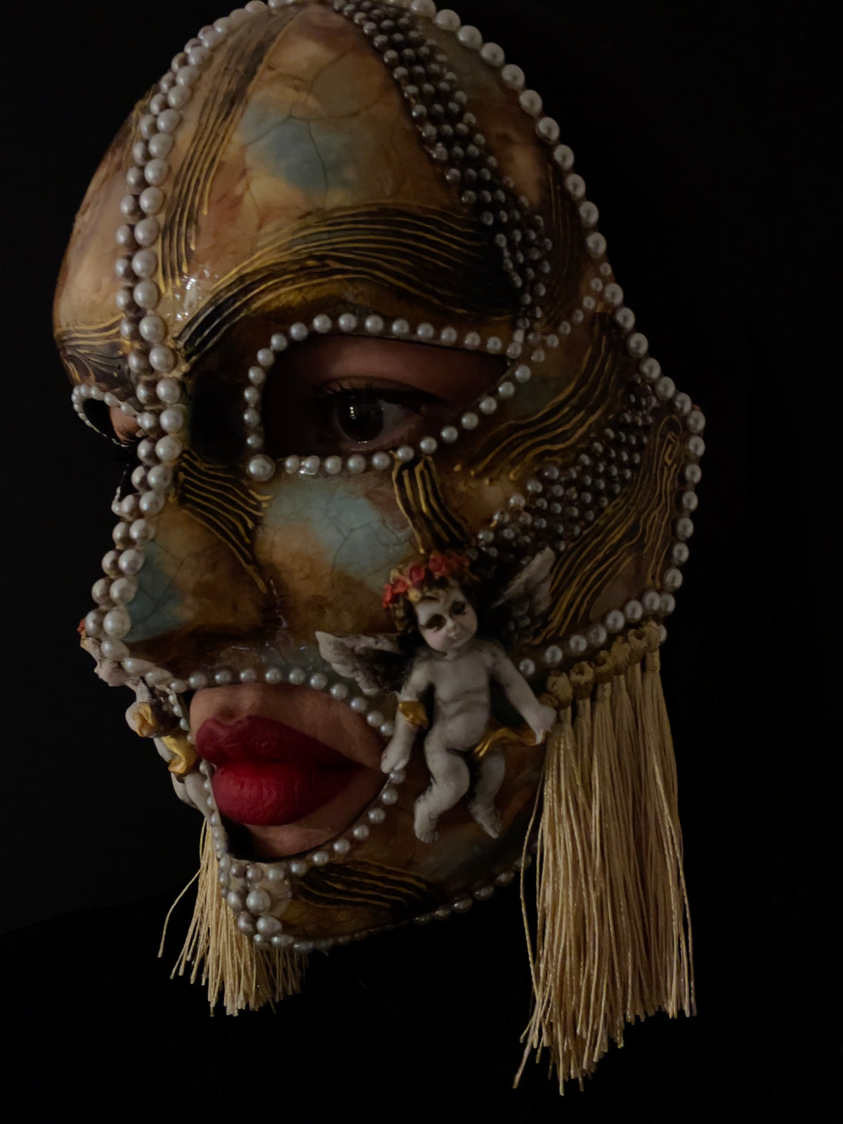 Unique Baroque Cherub Mask.Gold & Pearl Venetian Inspired Art Mask