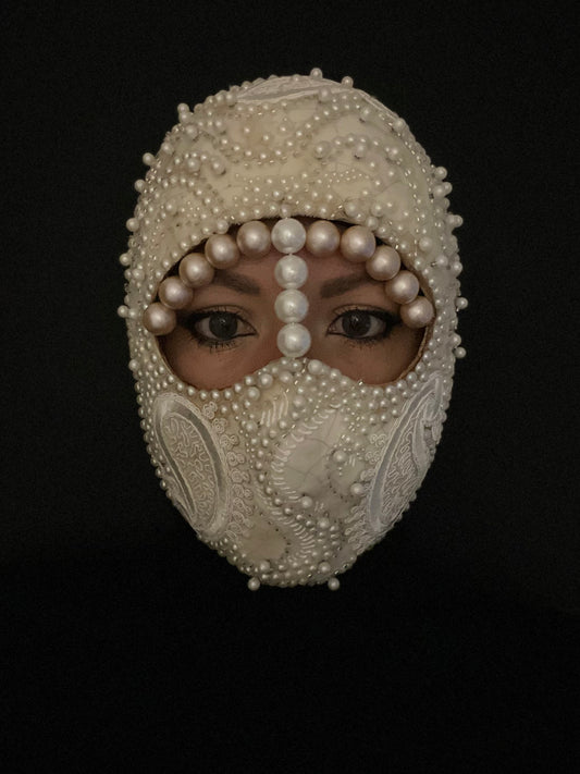 Handmade Pearl Embellished Full Face Mask – Luxury Costume & Art Mask