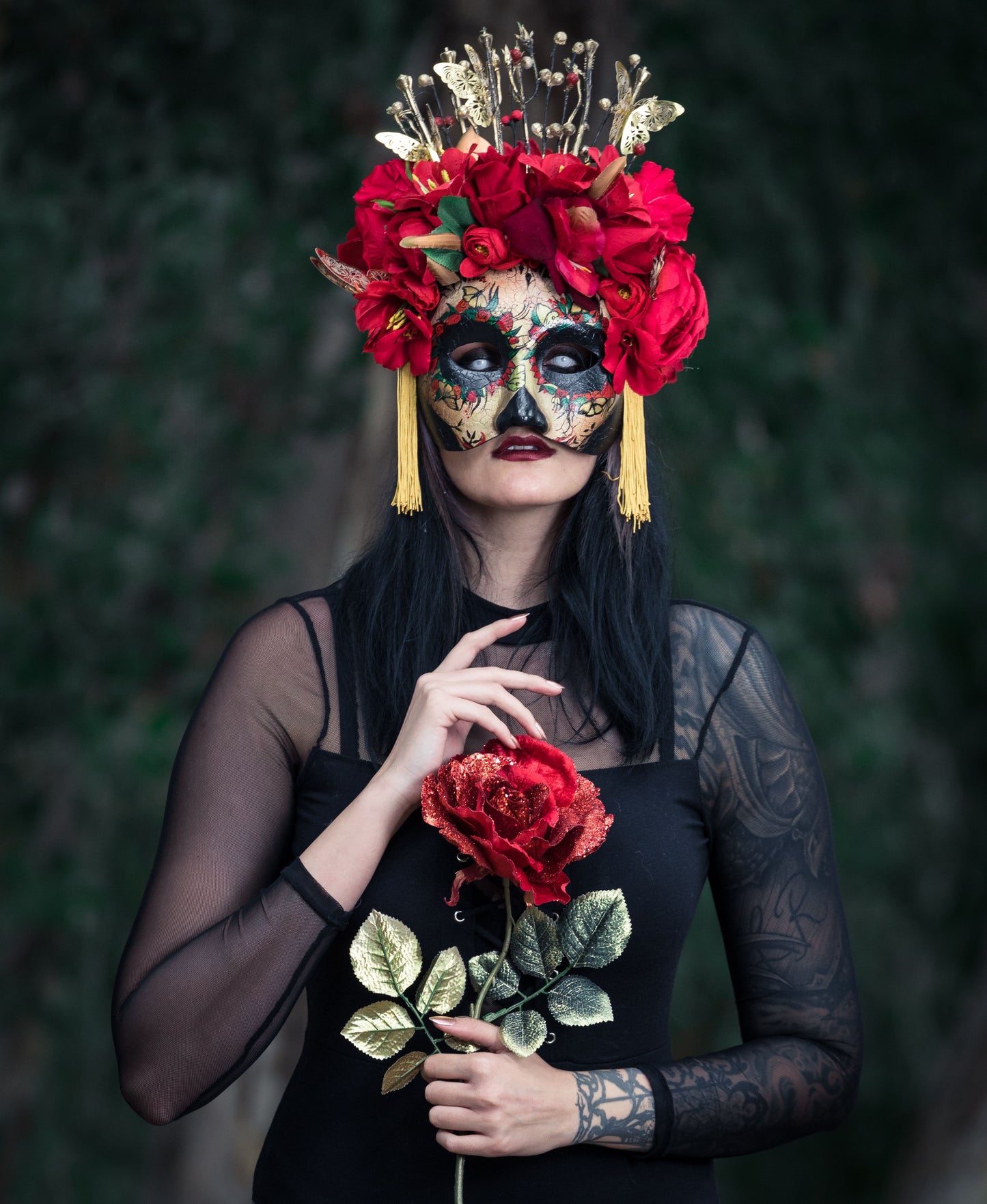 Red half face Catrina mask