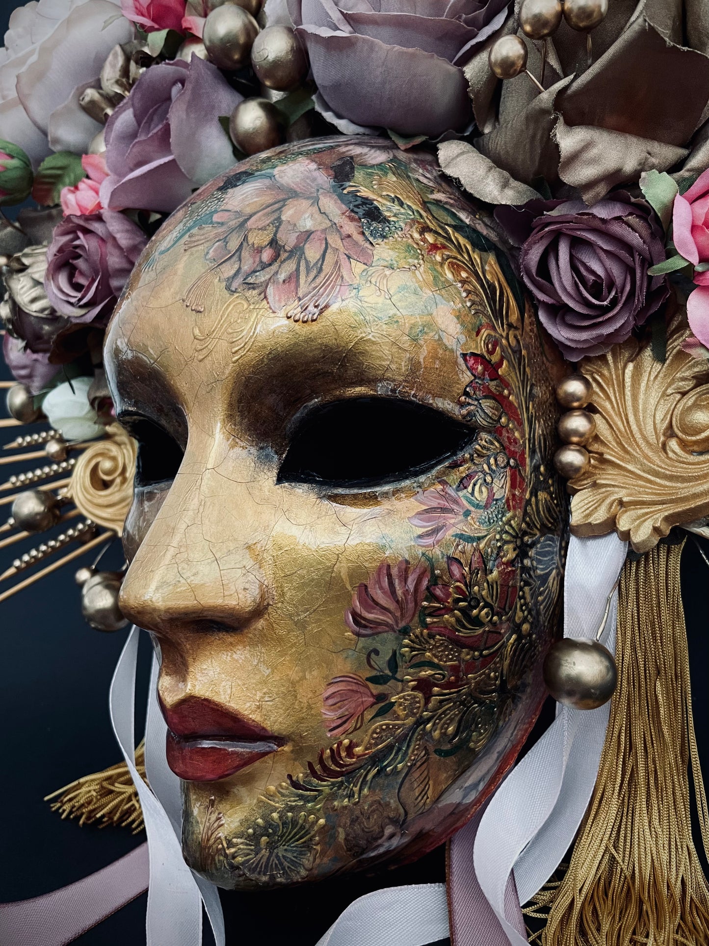 Gold mask with flowers.Limited edition.