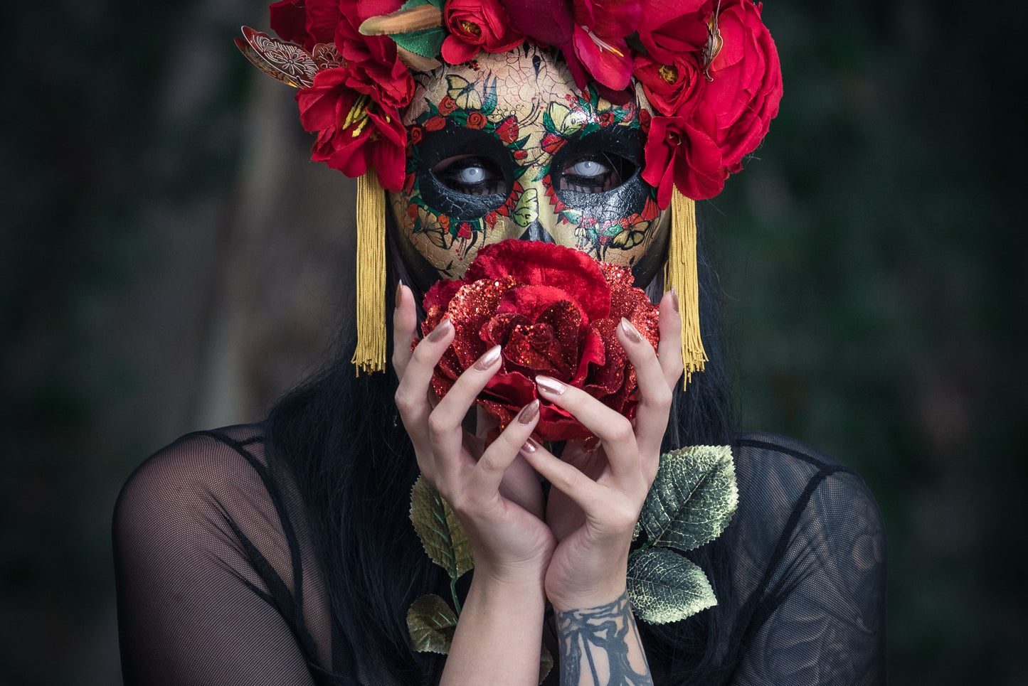 Red half face Catrina mask