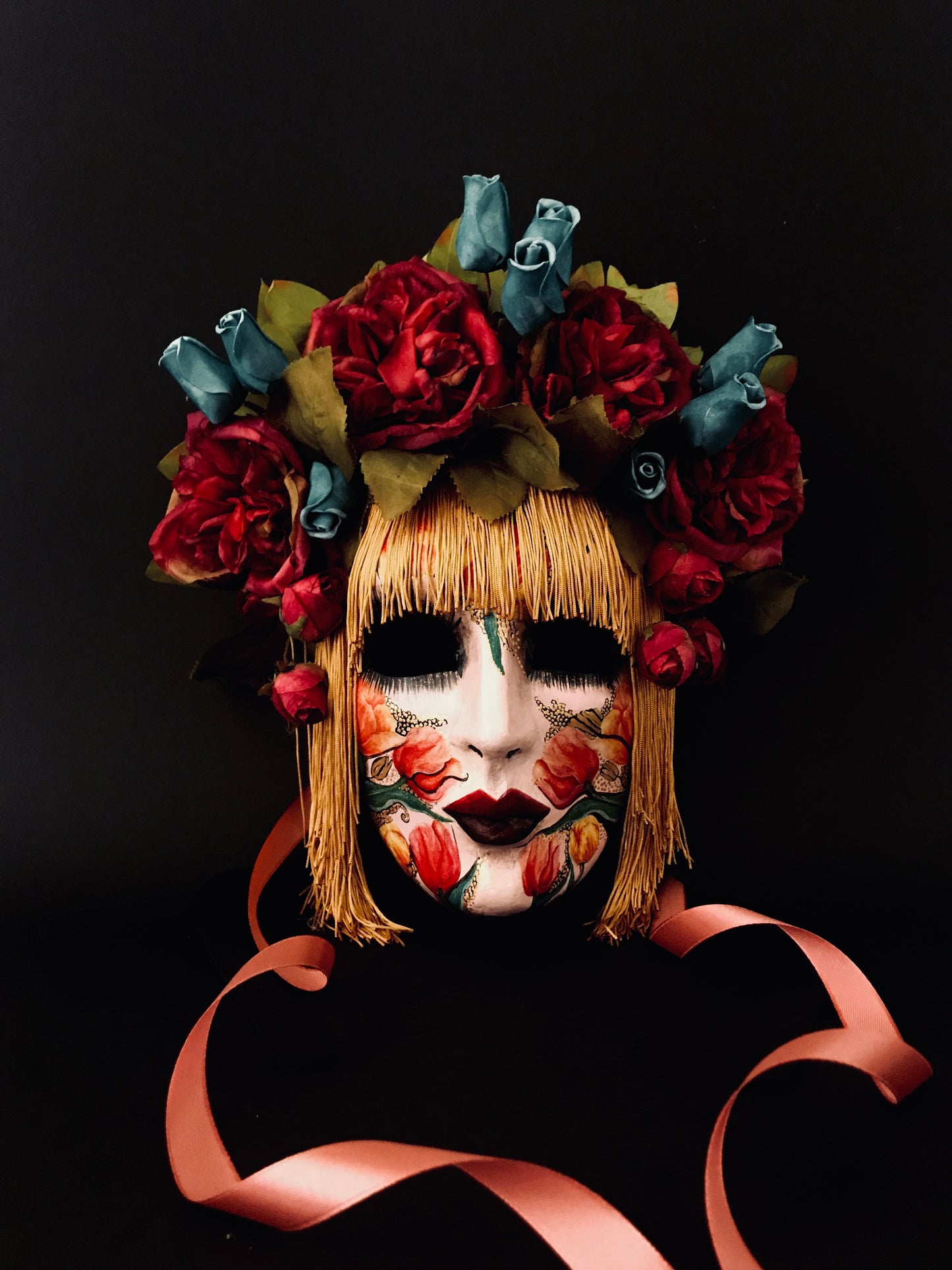 Mask with silk hair and flowers