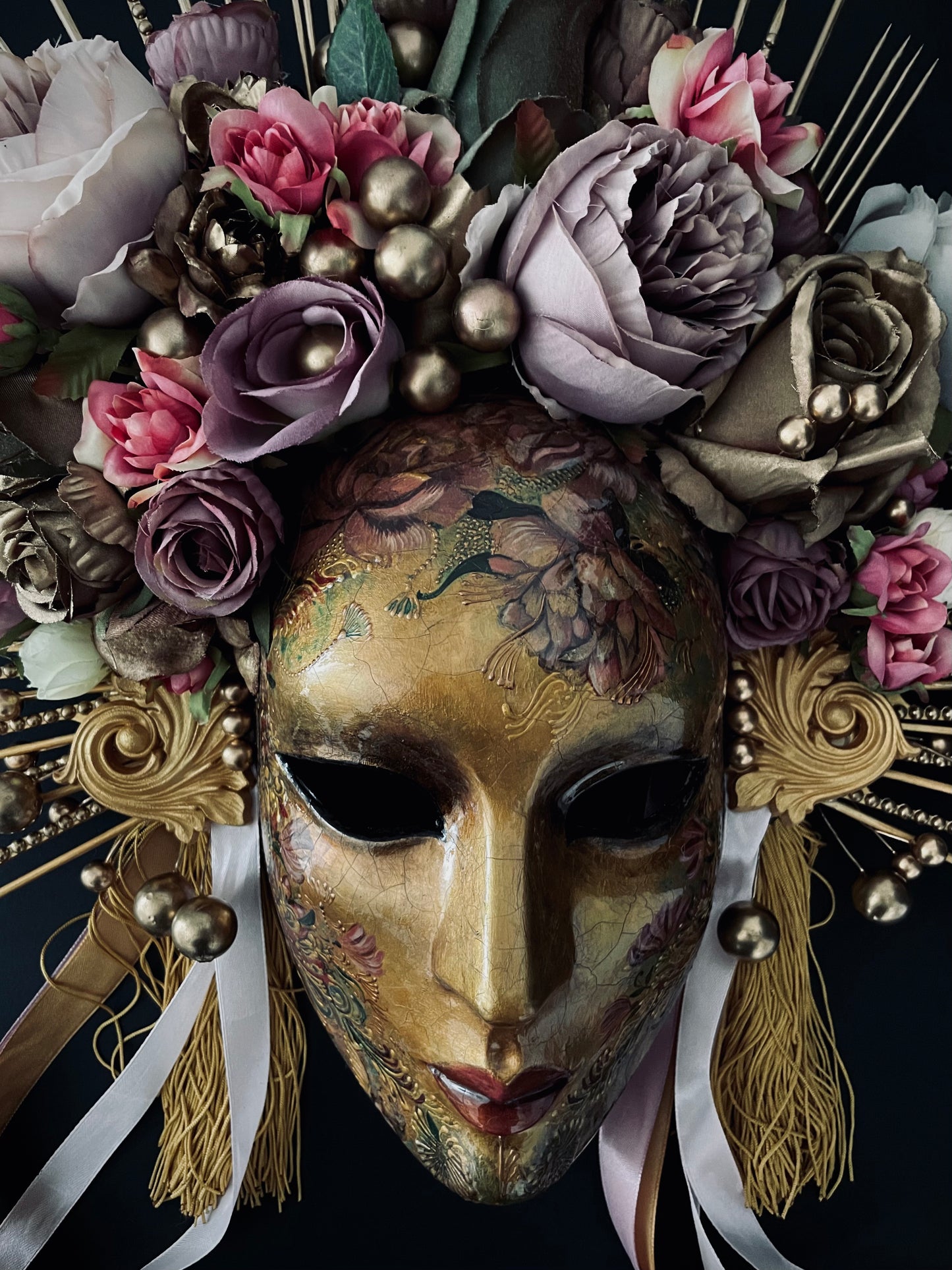 Gold mask with flowers.Limited edition.