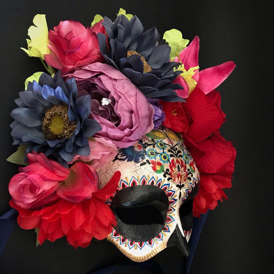 Half face Catrina mask with colored flowers