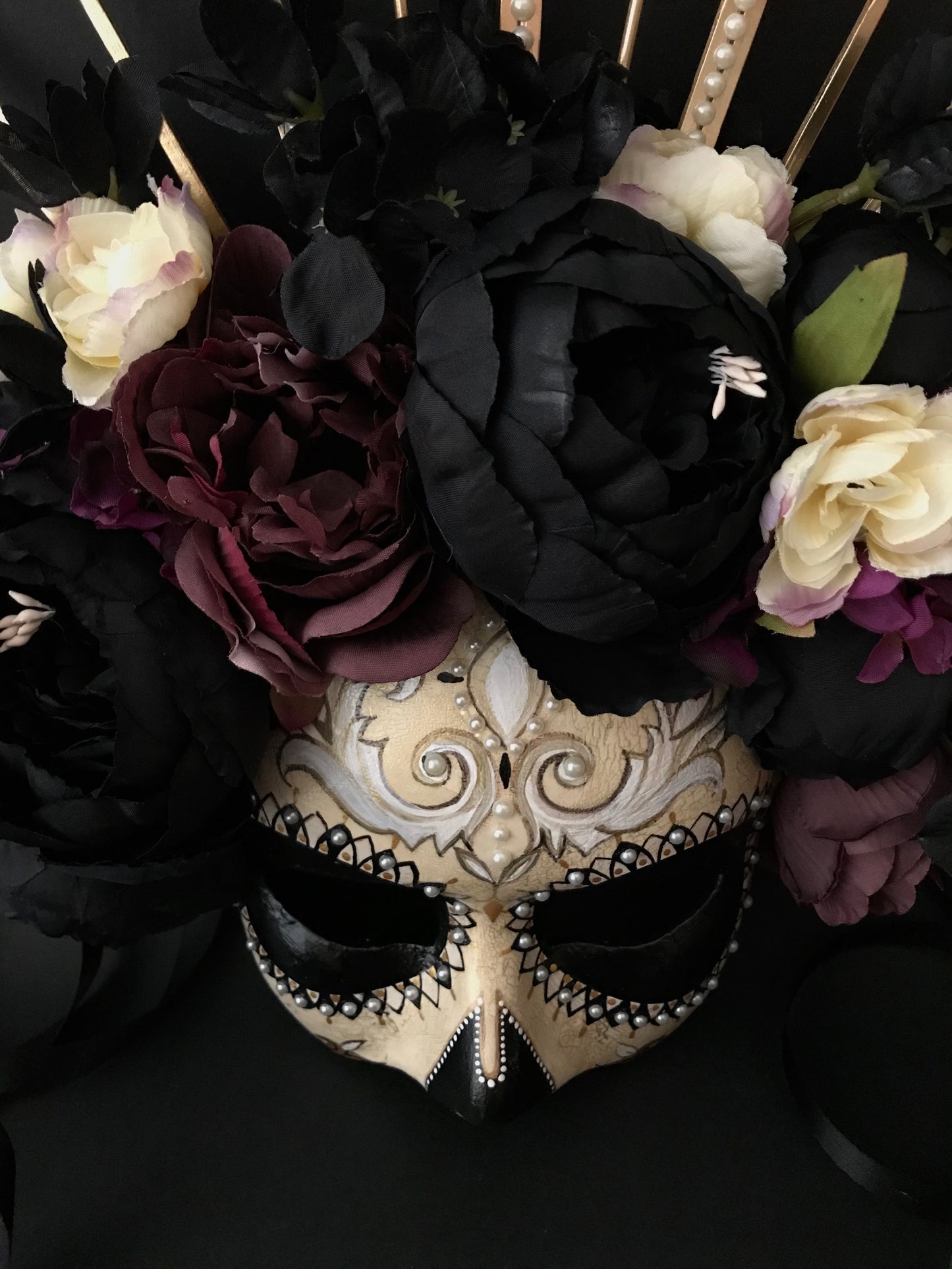 Half face Catrina mask with black peonies