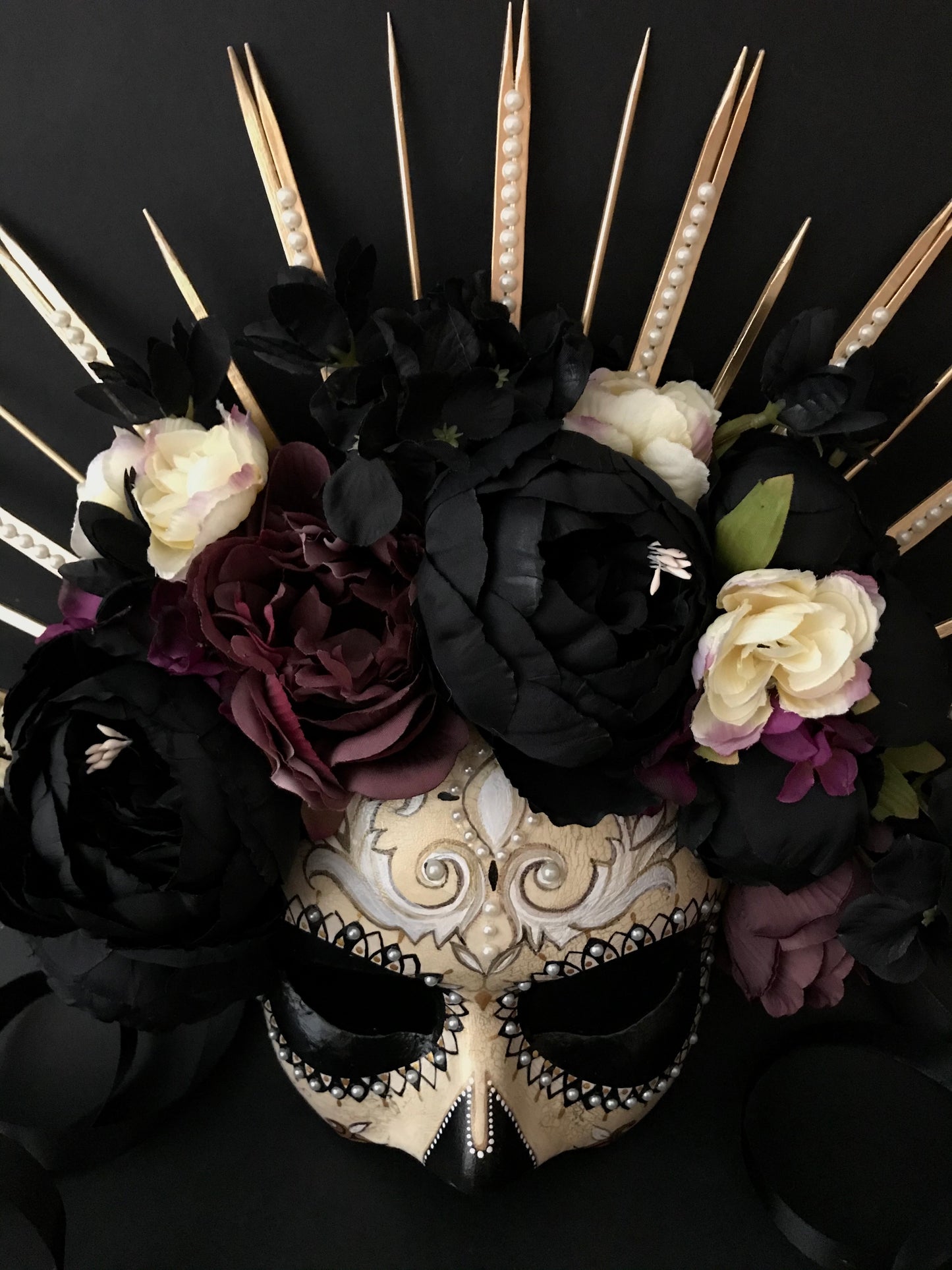 Half face Catrina mask with black peonies