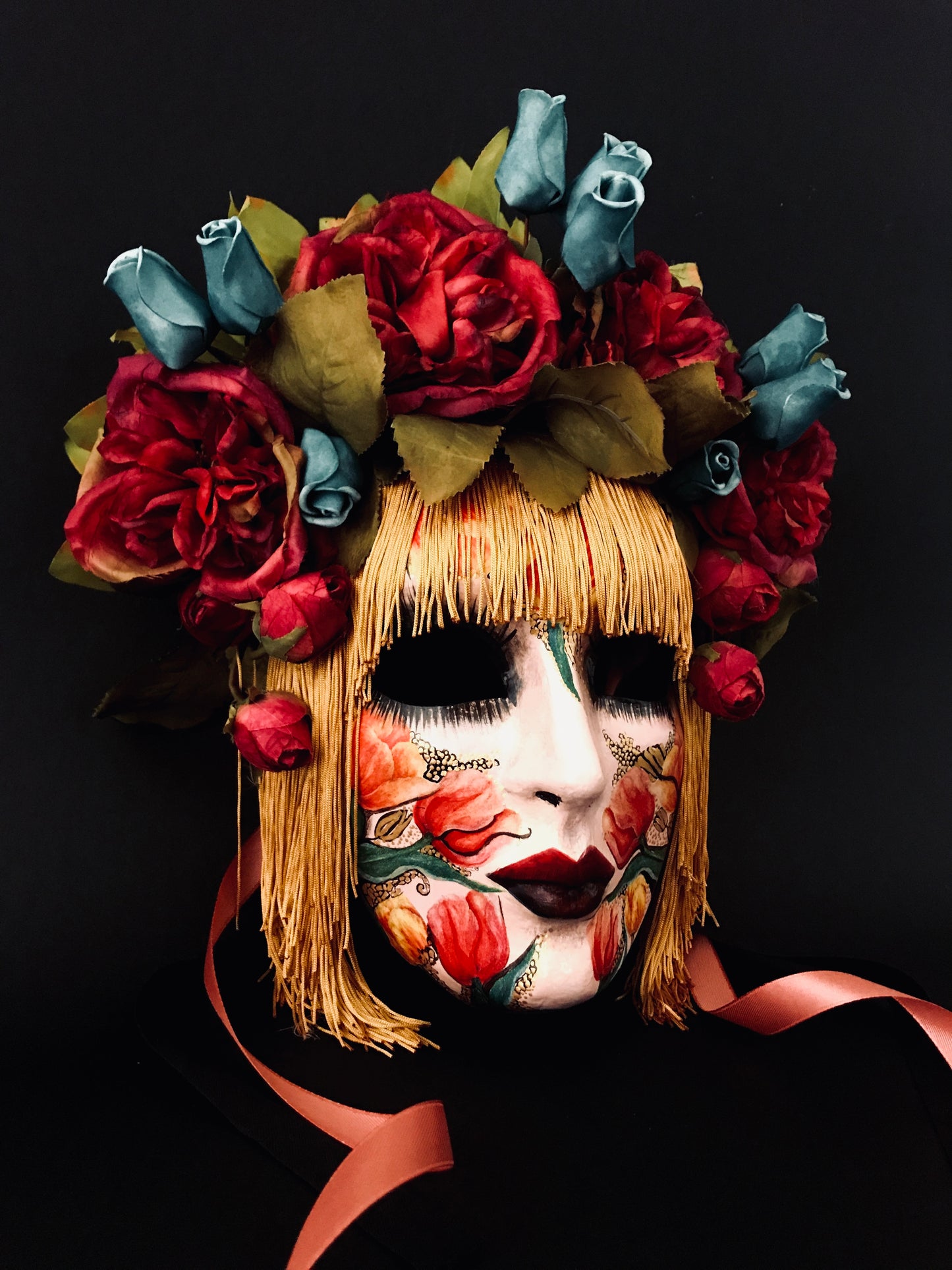 Mask with silk hair and flowers