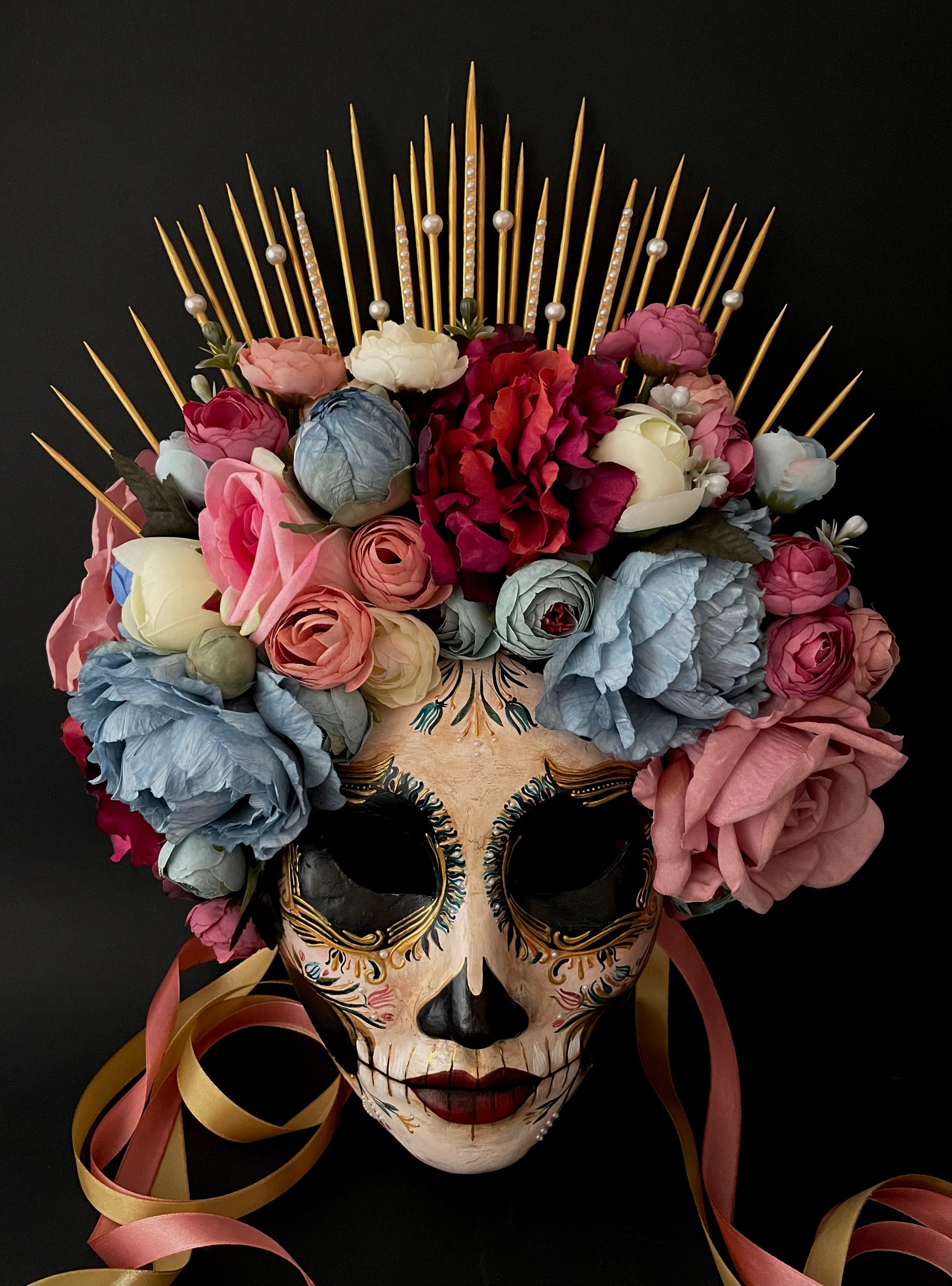 Handmade Day of the Dead Mask with Colorful Flowers & Gold Crown – RUU ...