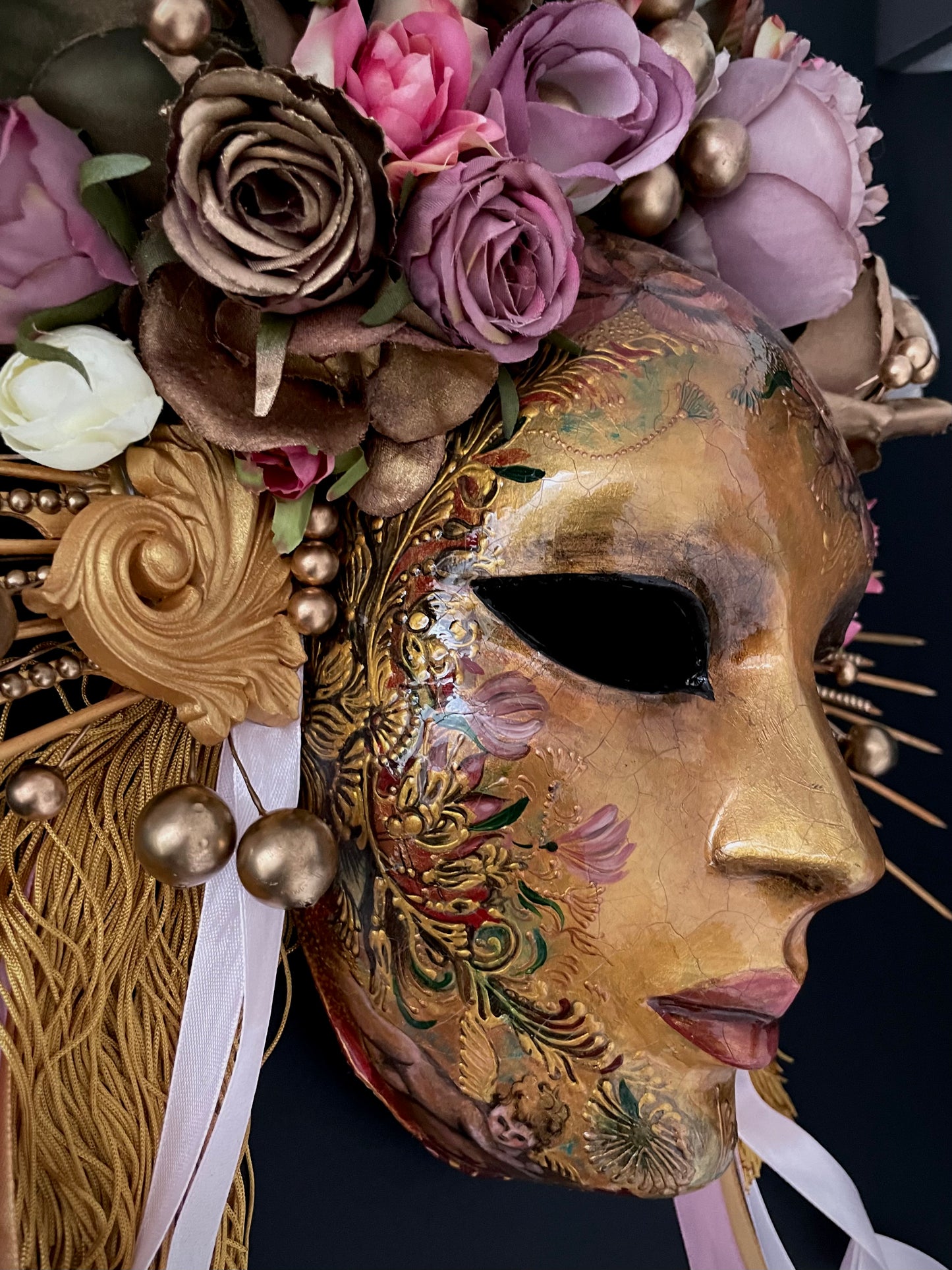 Gold mask with flowers.Limited edition.