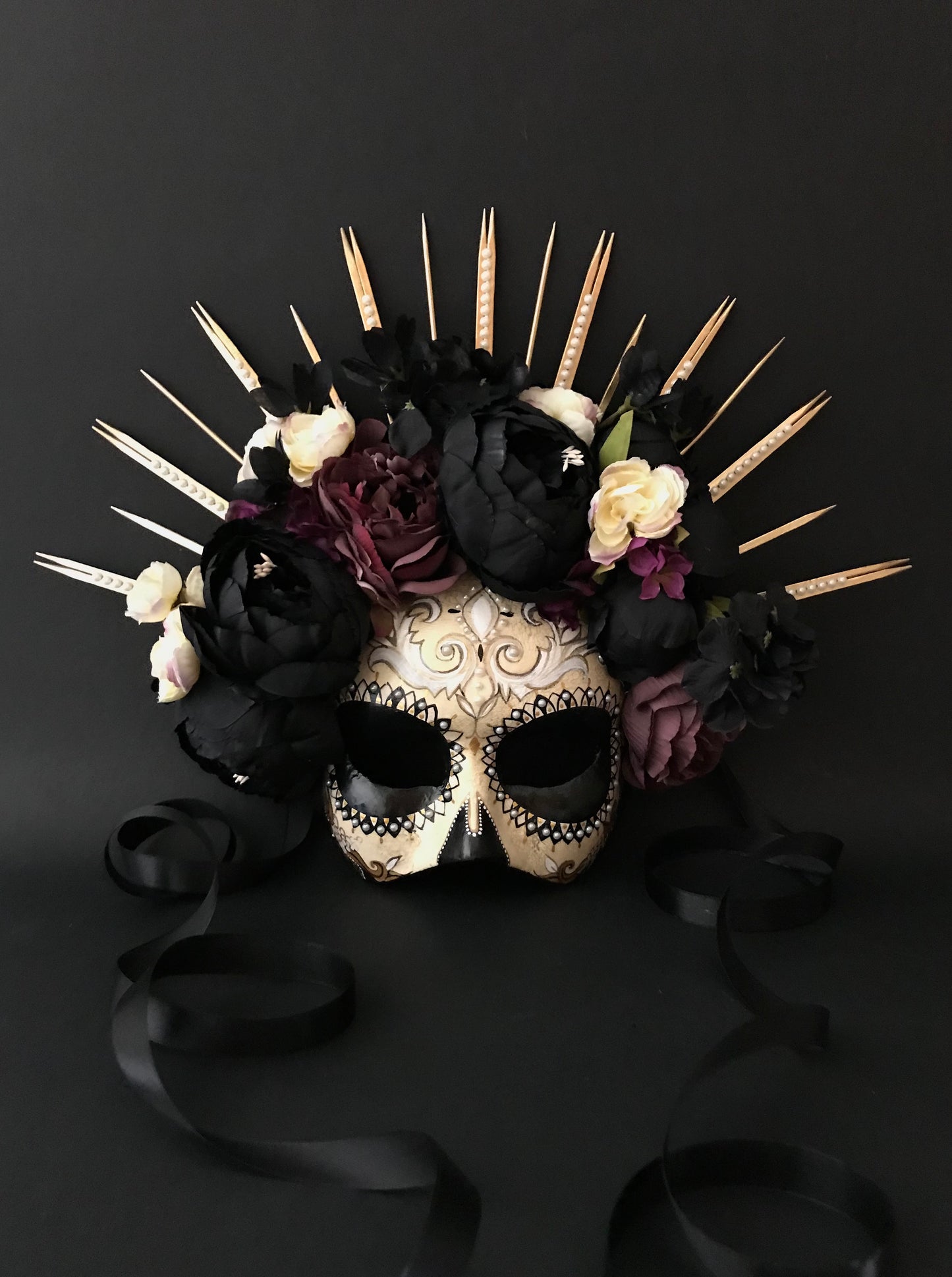 Half face Catrina mask with black peonies