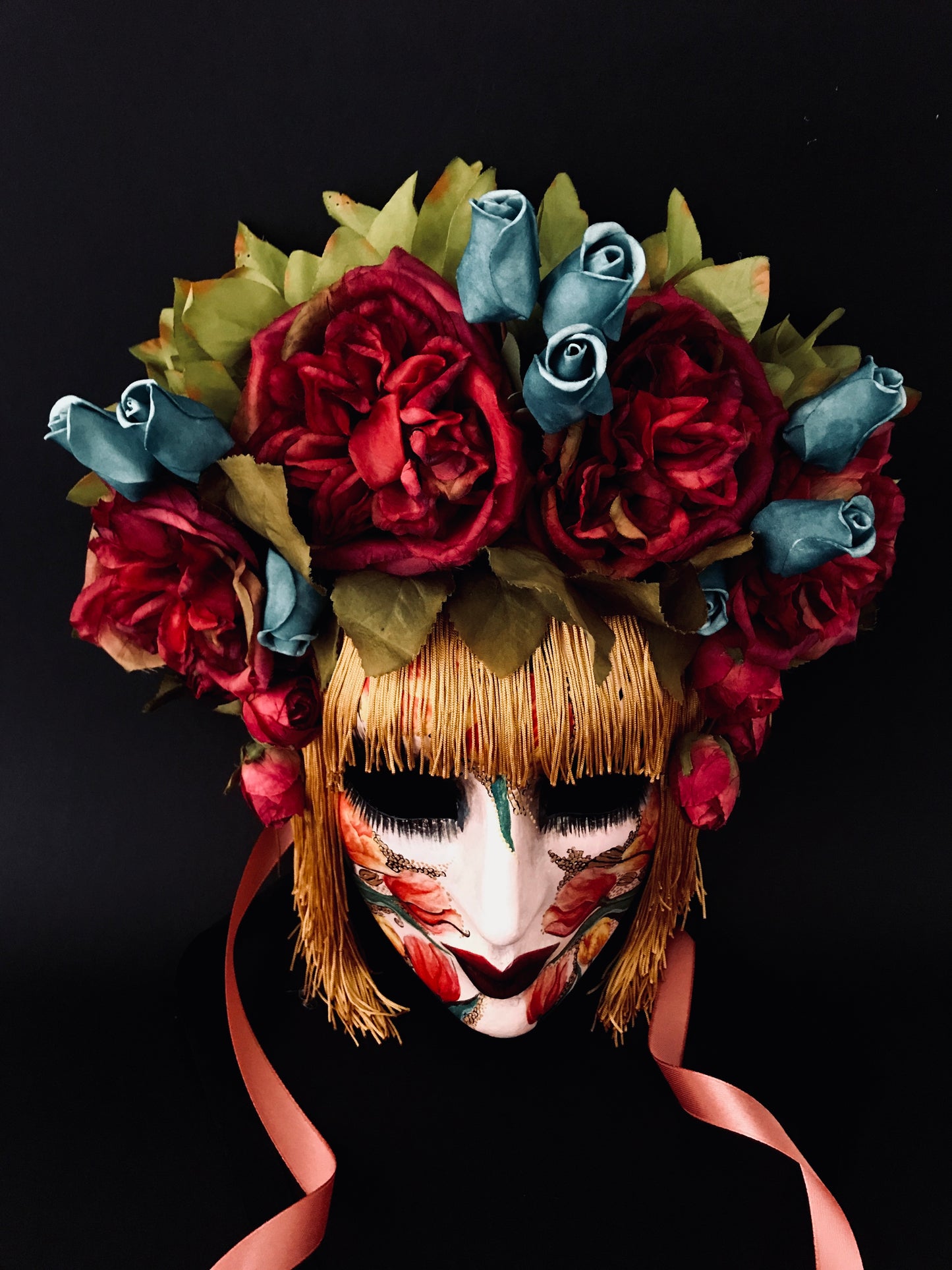 Mask with silk hair and flowers