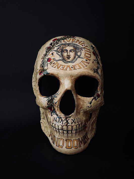 Skull mask with Medusa. Memento mori skull.