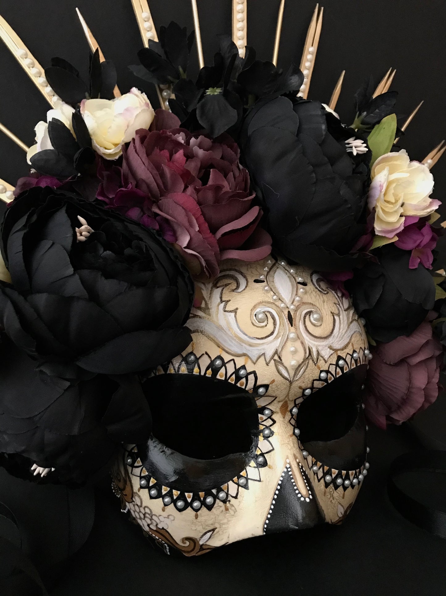 Half face Catrina mask with black peonies