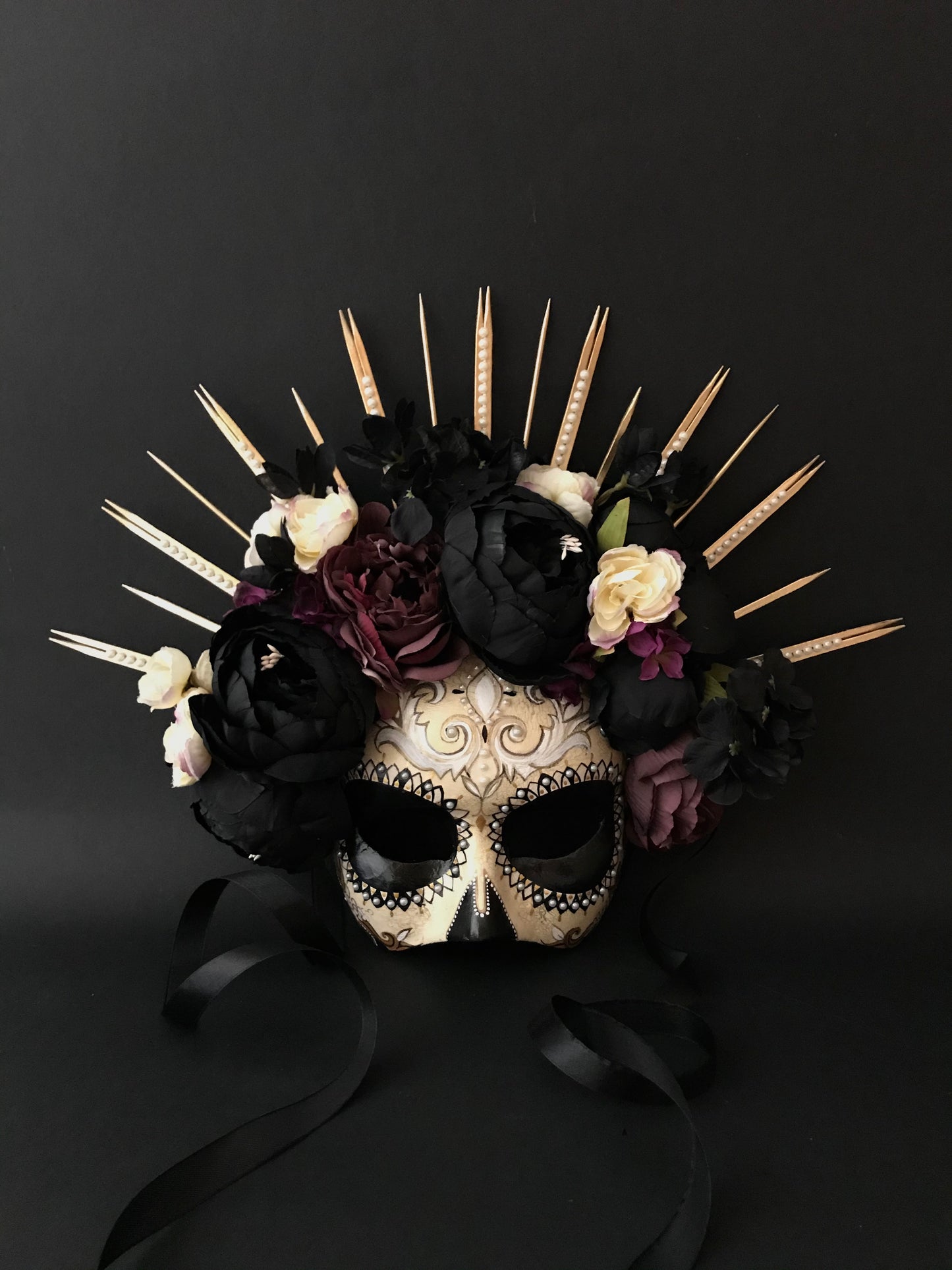 Half face Catrina mask with black peonies