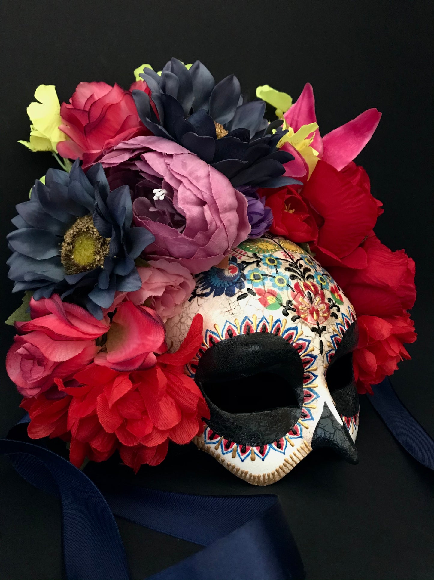 Half face Catrina mask with colored flowers