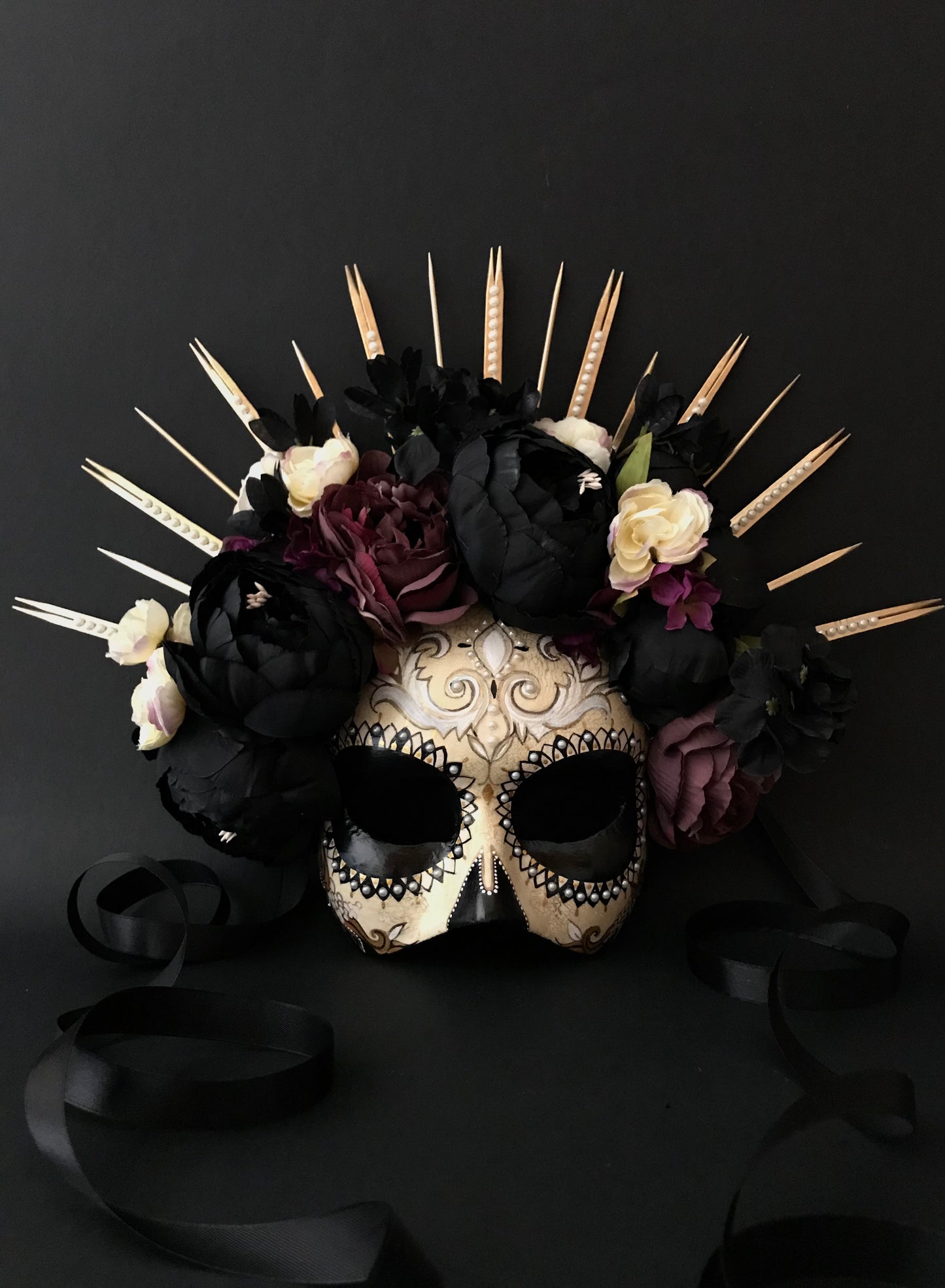 Half face Catrina mask with black peonies