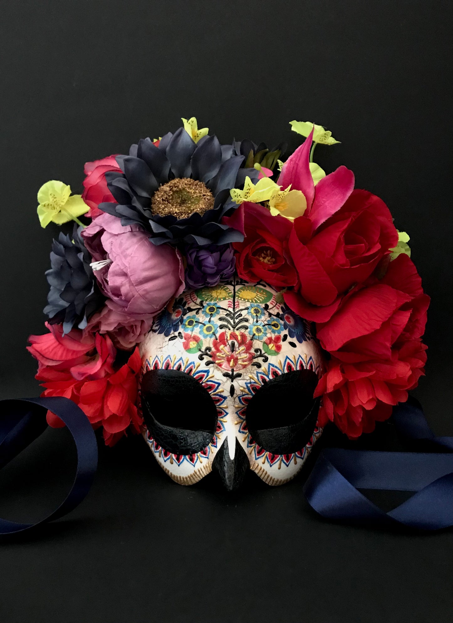 Half face Catrina mask with colored flowers