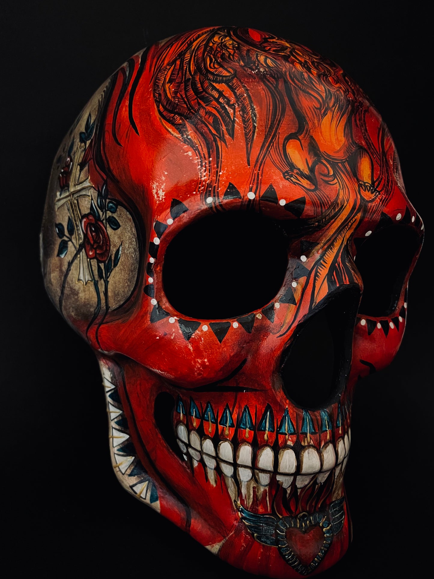 Red skull with phoenix bird. Skull mask.