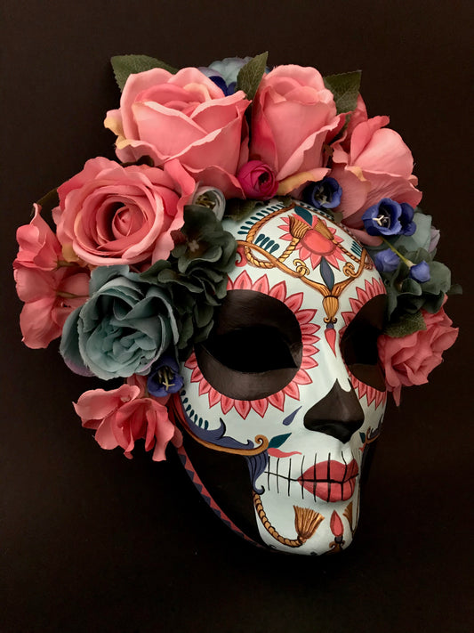 Catrina mask with pink and blue roses