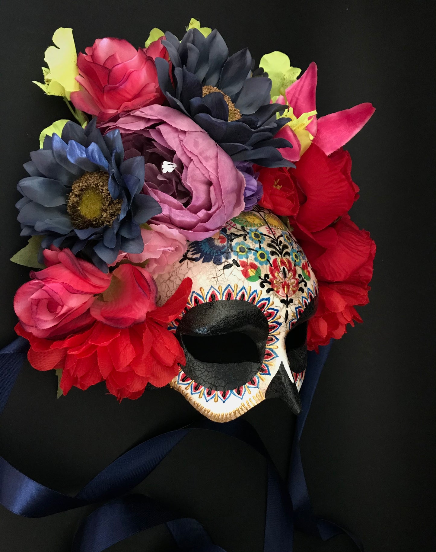 Half face Catrina mask with colored flowers