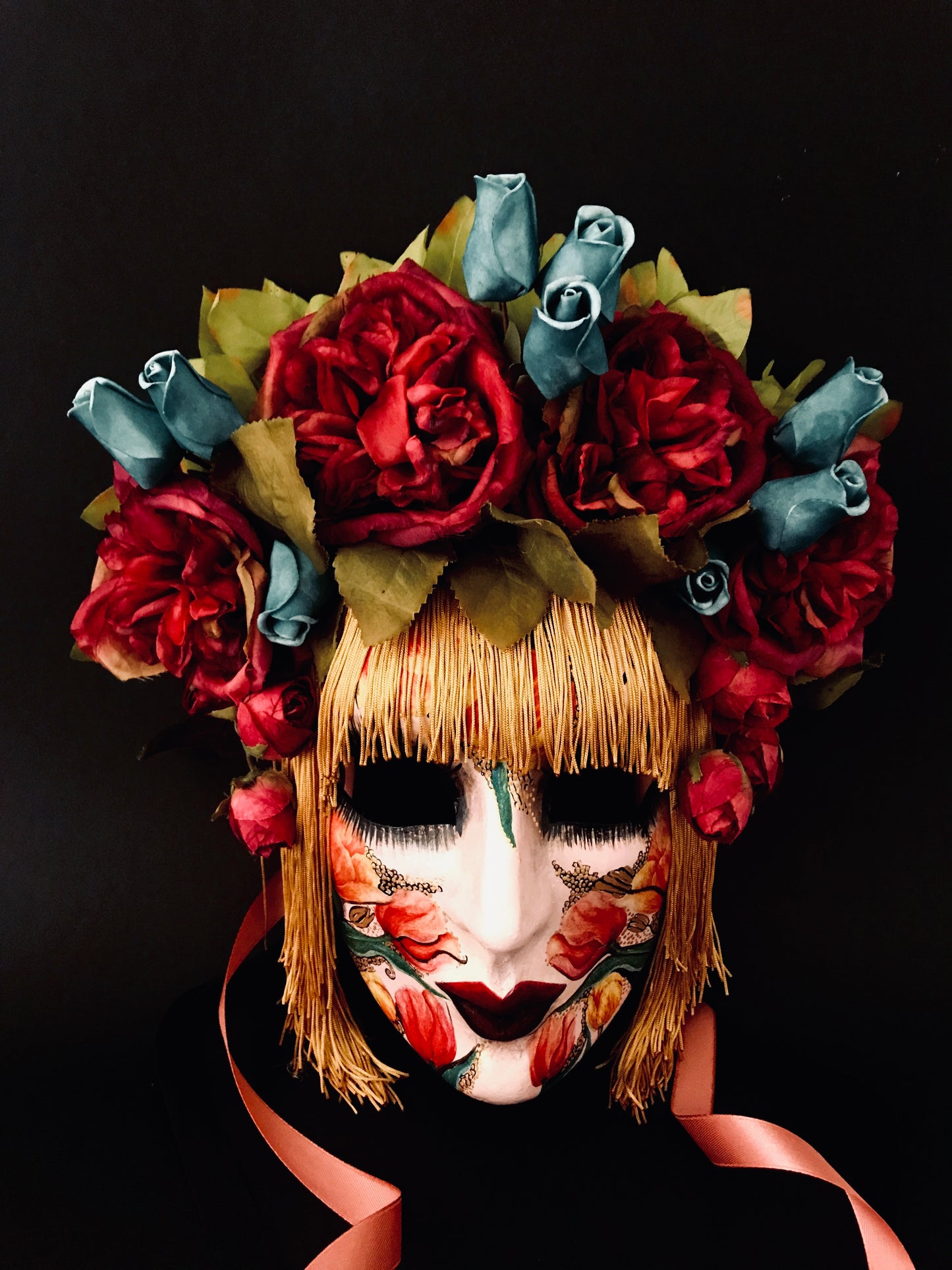 Mask with silk hair and flowers