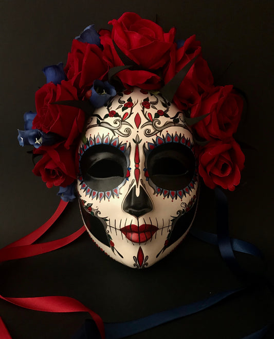 Catrina with red roses and blue flowers