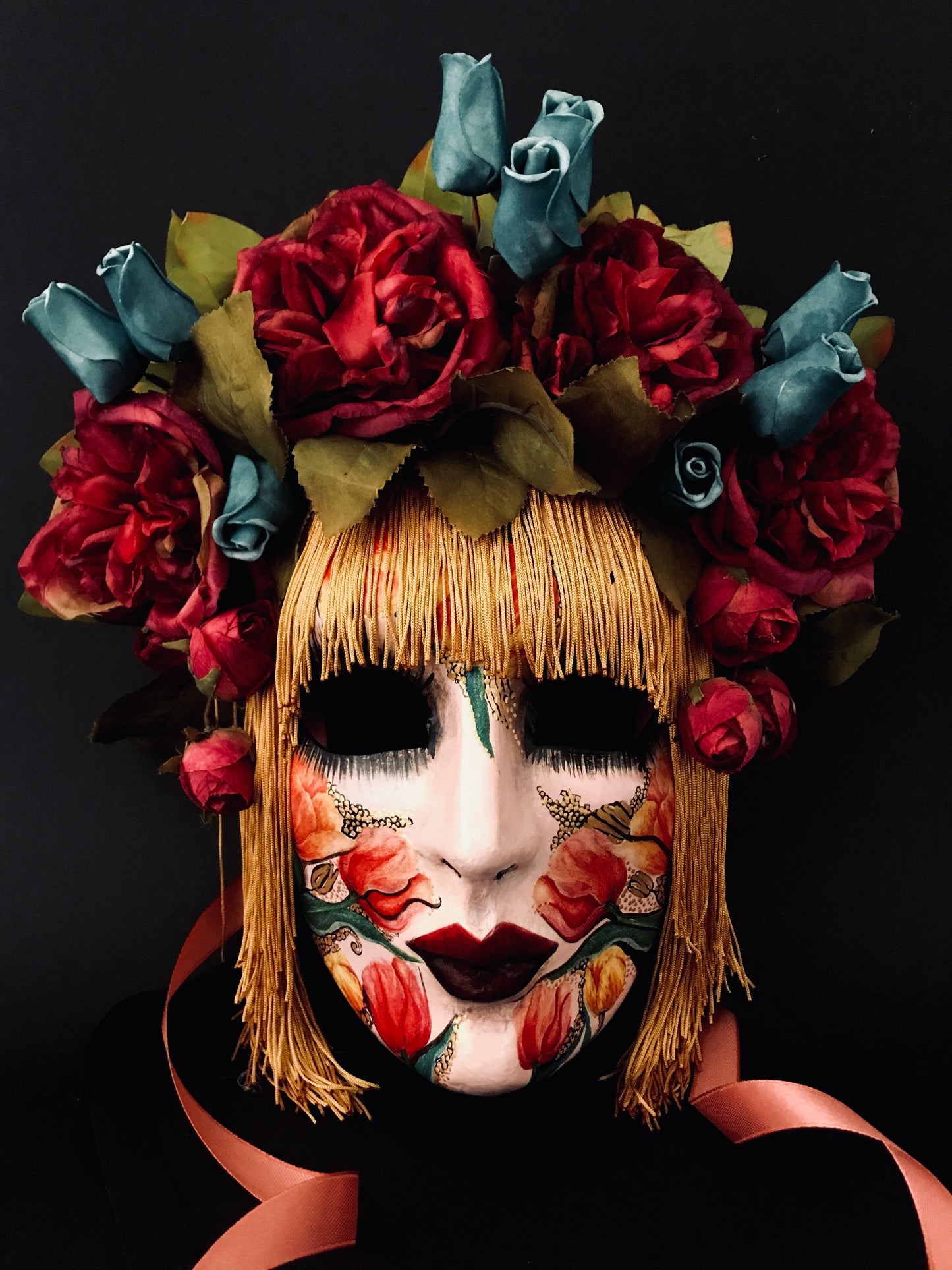 Mask with silk hair and flowers